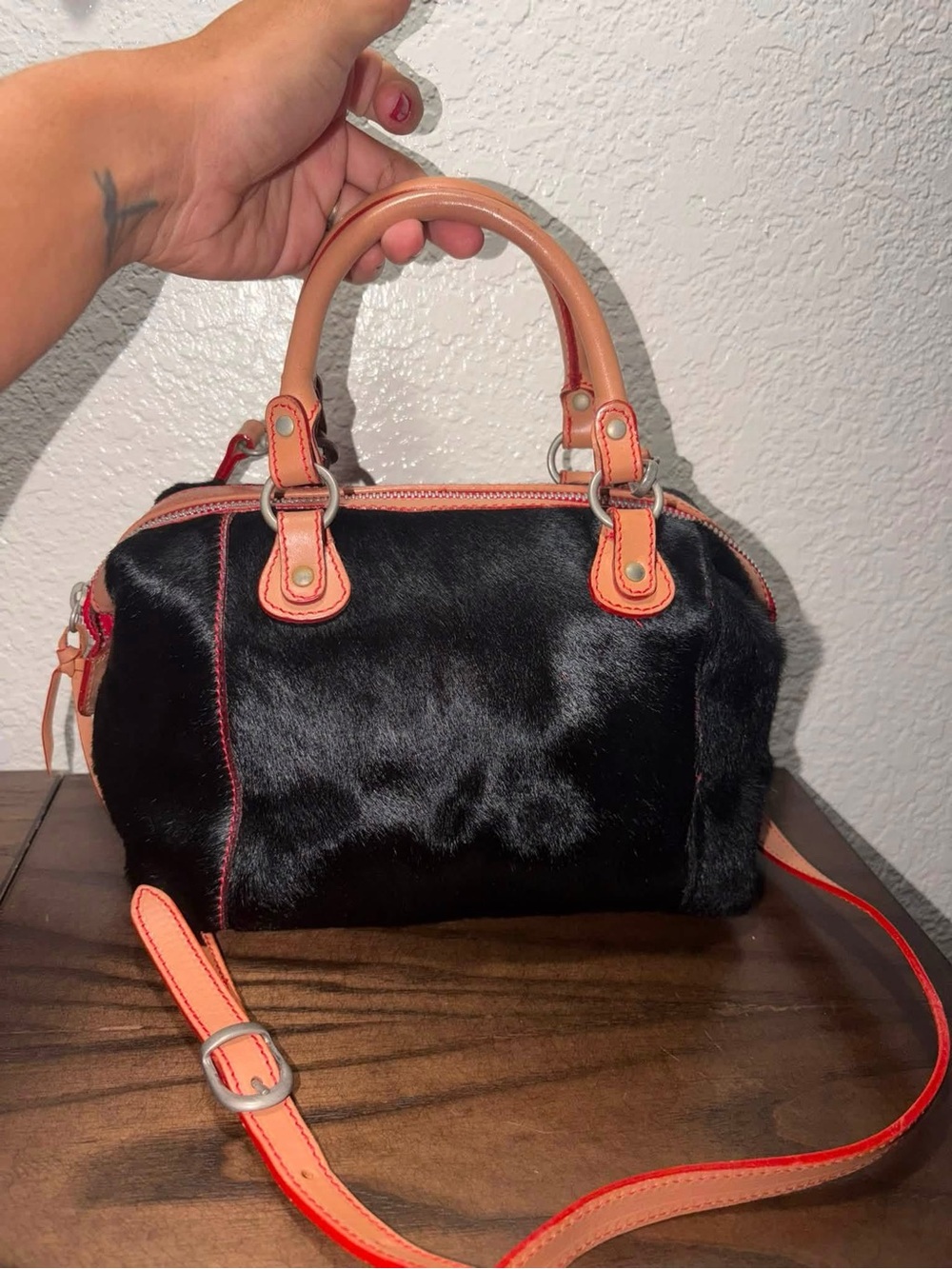 Rare Dooney and Burke Black Faux-Hair Satchel with Tan & Coral Trim